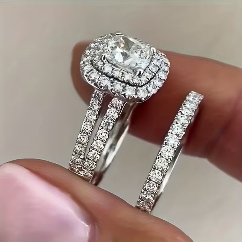 The Halo Promise Ring Set — 2-Piece Pavé CZ Stack
